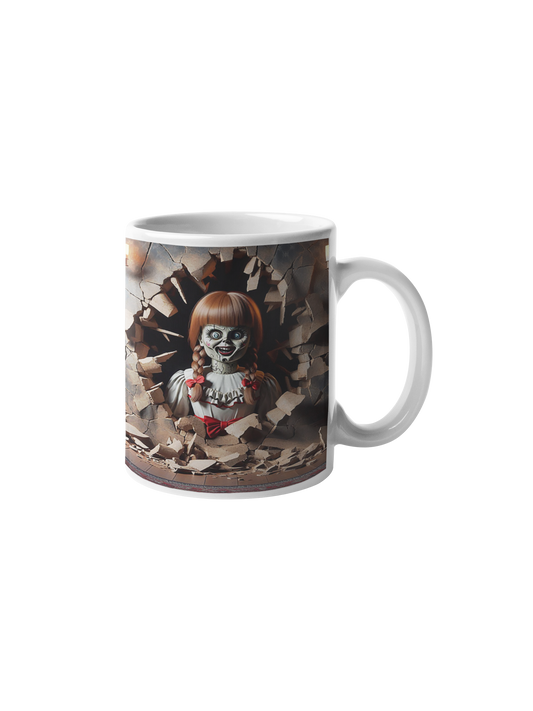 Cană "Annabelle's Curse" – 350ml Ceramică Albă, Design Halloween