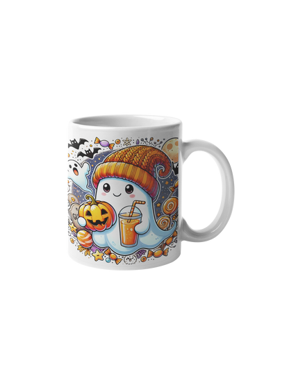 Cană Halloween "Ghost in the Cozy Fall" – 350ml Ceramică Albă