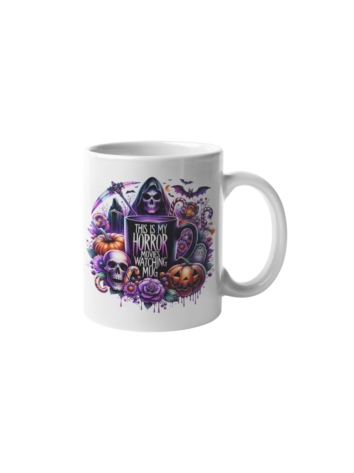 Cană "Horror Movies Watching Mug" – 350ml Ceramică Albă, Design Halloween