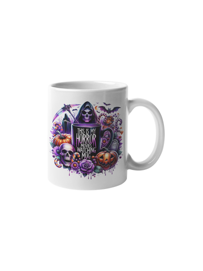 Cană "Horror Movies Watching Mug" – 350ml Ceramică Albă, Design Halloween