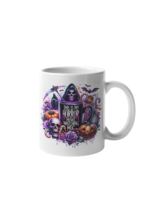 Cană "Horror Movies Watching Mug" – 350ml Ceramică Albă, Design Halloween