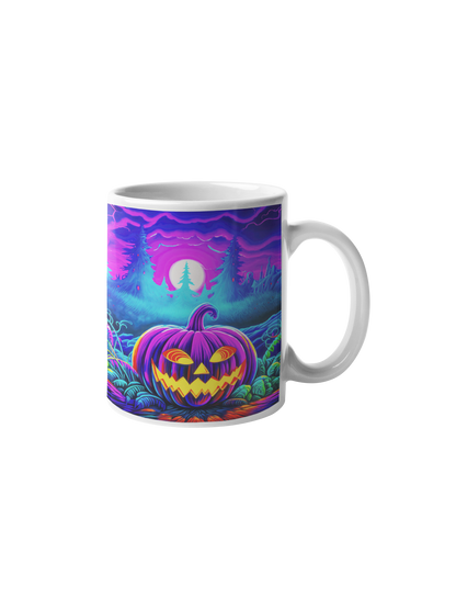 Cană "Neon Pumpkin" – 350ml Ceramică Albă, Design Halloween