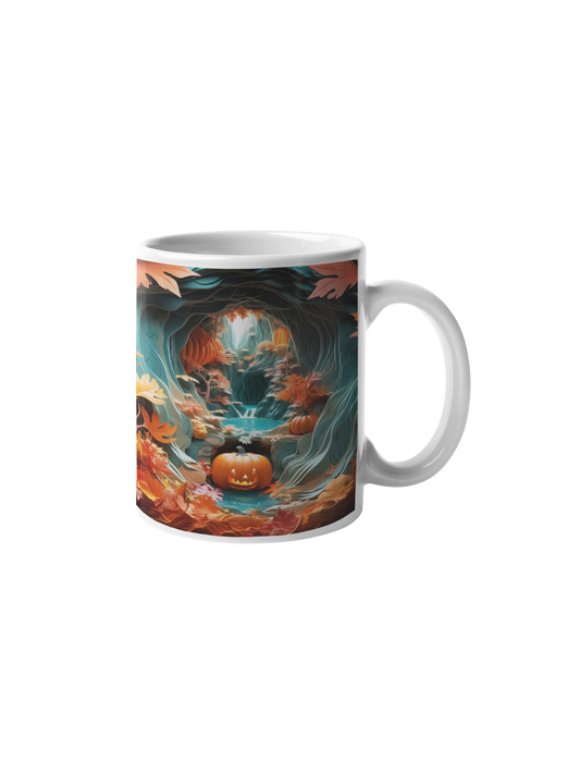 Cană "Peisajul Fermecat cu Dovleci" – 350ml Ceramică Albă, Design Halloween