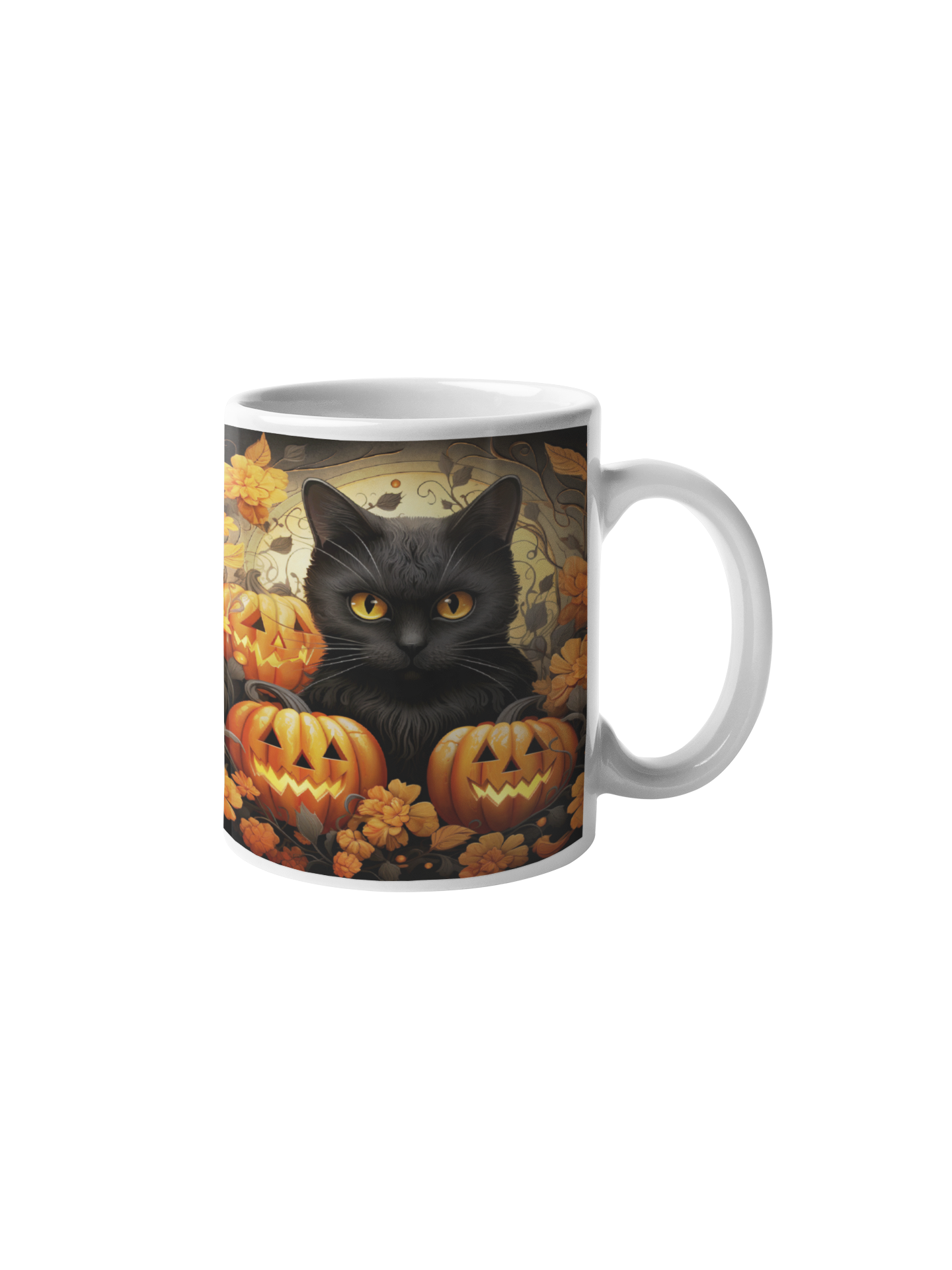 Cană "Pisica Neagră și Dovlecii Fermecați" – 350ml Ceramică Albă, Design Halloween