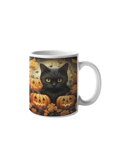 Cană "Pisica Neagră și Dovlecii Fermecați" – 350ml Ceramică Albă, Design Halloween