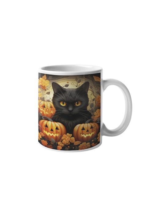 Cană "Pisica Neagră și Dovlecii Fermecați" – 350ml Ceramică Albă, Design Halloween