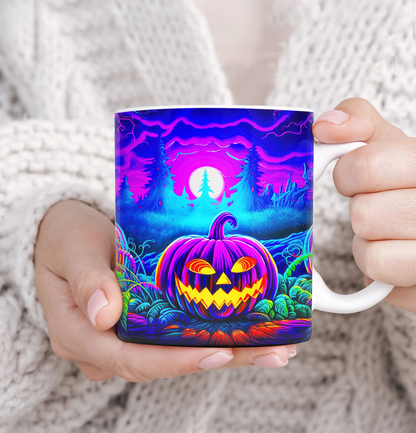 Cană "Neon Pumpkin" – 350ml Ceramică Albă, Design Halloween