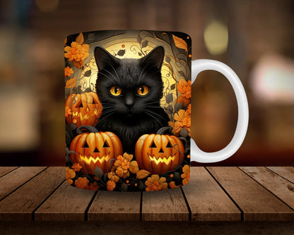 Cană "Pisica Neagră și Dovlecii Fermecați" – 350ml Ceramică Albă, Design Halloween