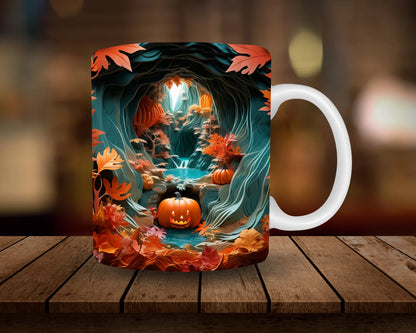 Cană "Peisajul Fermecat cu Dovleci" – 350ml Ceramică Albă, Design Halloween