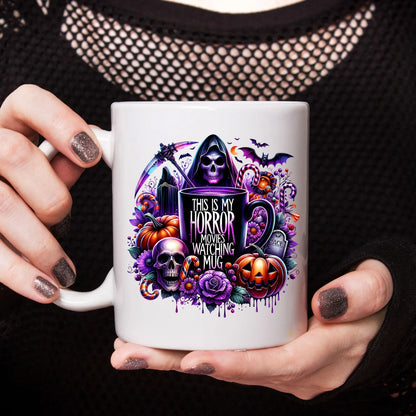 Cană "Horror Movies Watching Mug" – 350ml Ceramică Albă, Design Halloween