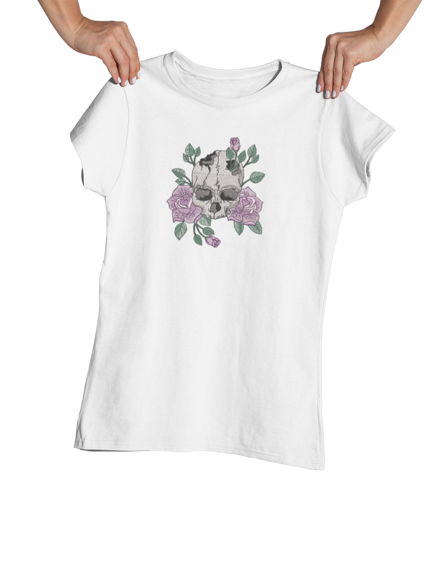 Tricou cu Broderie "Skull & Roses" – 100% bumbac