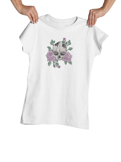 Tricou cu Broderie "Skull & Roses" – 100% bumbac