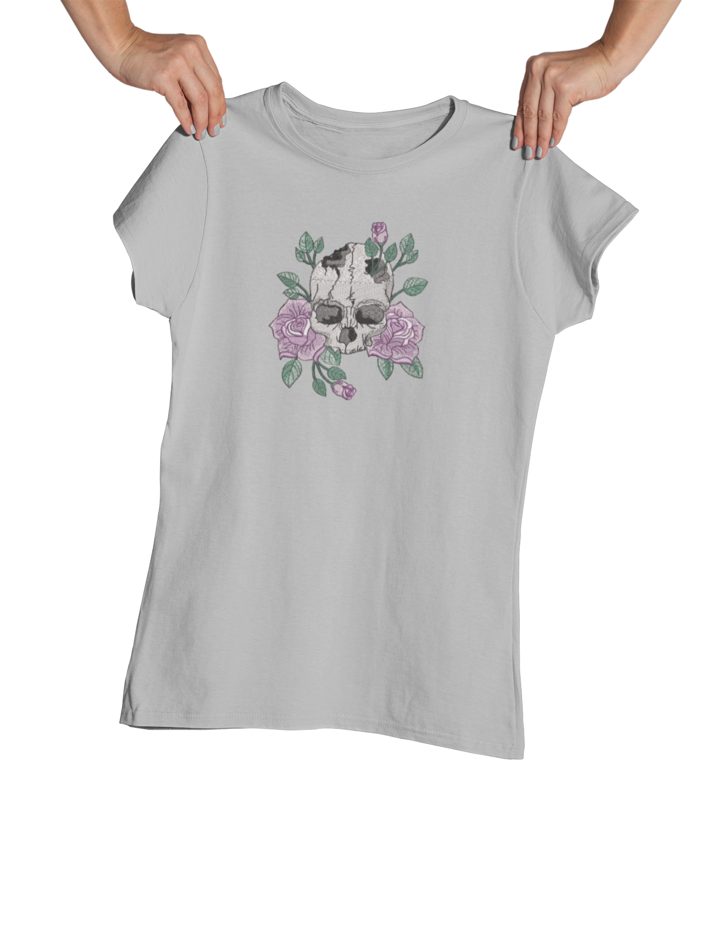 Tricou cu Broderie "Skull & Roses" – 100% bumbac