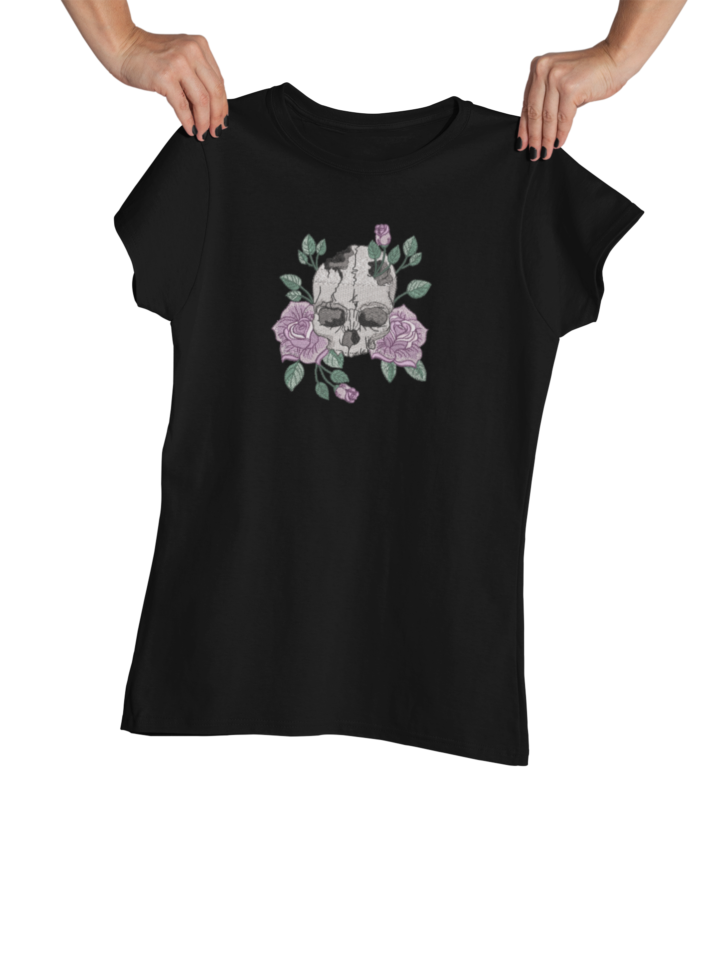 Tricou cu Broderie "Skull & Roses" – 100% bumbac