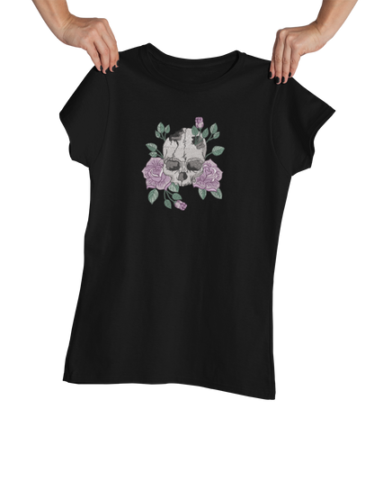 Tricou cu Broderie "Skull & Roses" – 100% bumbac