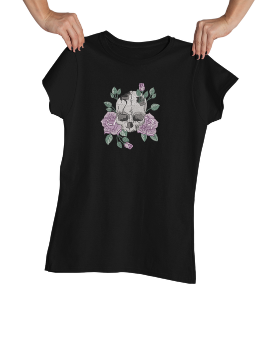 Tricou cu Broderie "Skull & Roses" – 100% bumbac